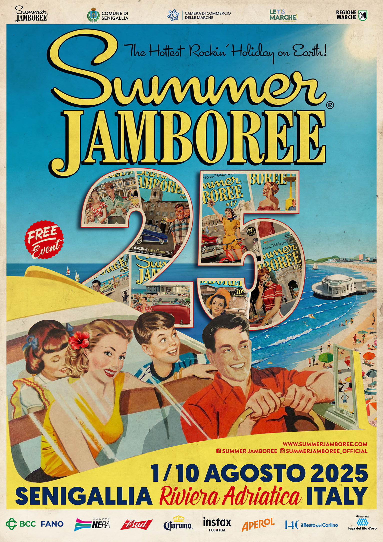 Locandina dell'evento Summer Jamboree 2025 che si tiene a Senigallia dall'1 al 10 agosto. La locandina, vivacemente colorata, mostra una famigliola felice degli anni 50 su una decapottabile gialla. Sullo sfondo, la spiaggia di Senigallia con la caratteristica Rotonda.